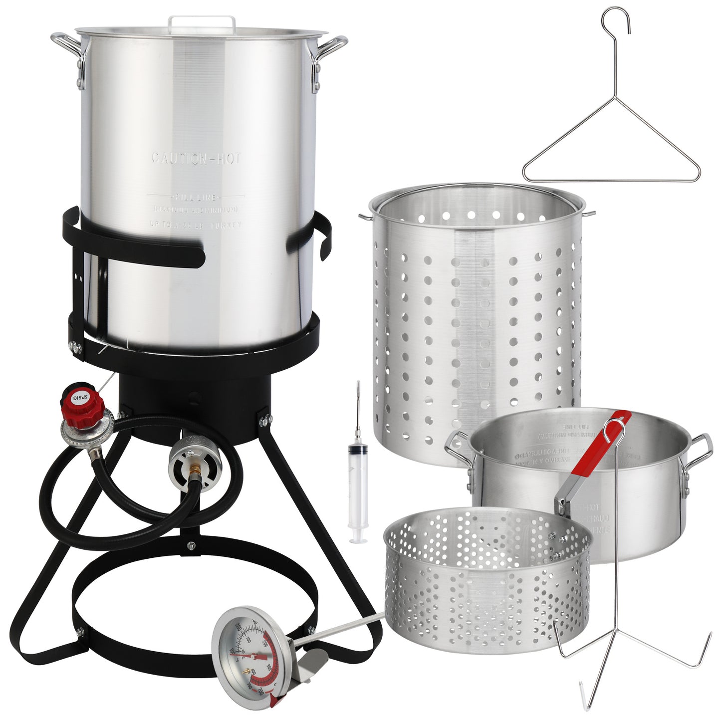 t, Four Piece Set, Black Circular Iron Frame, Silver Aluminum Pot, Gas Fryer