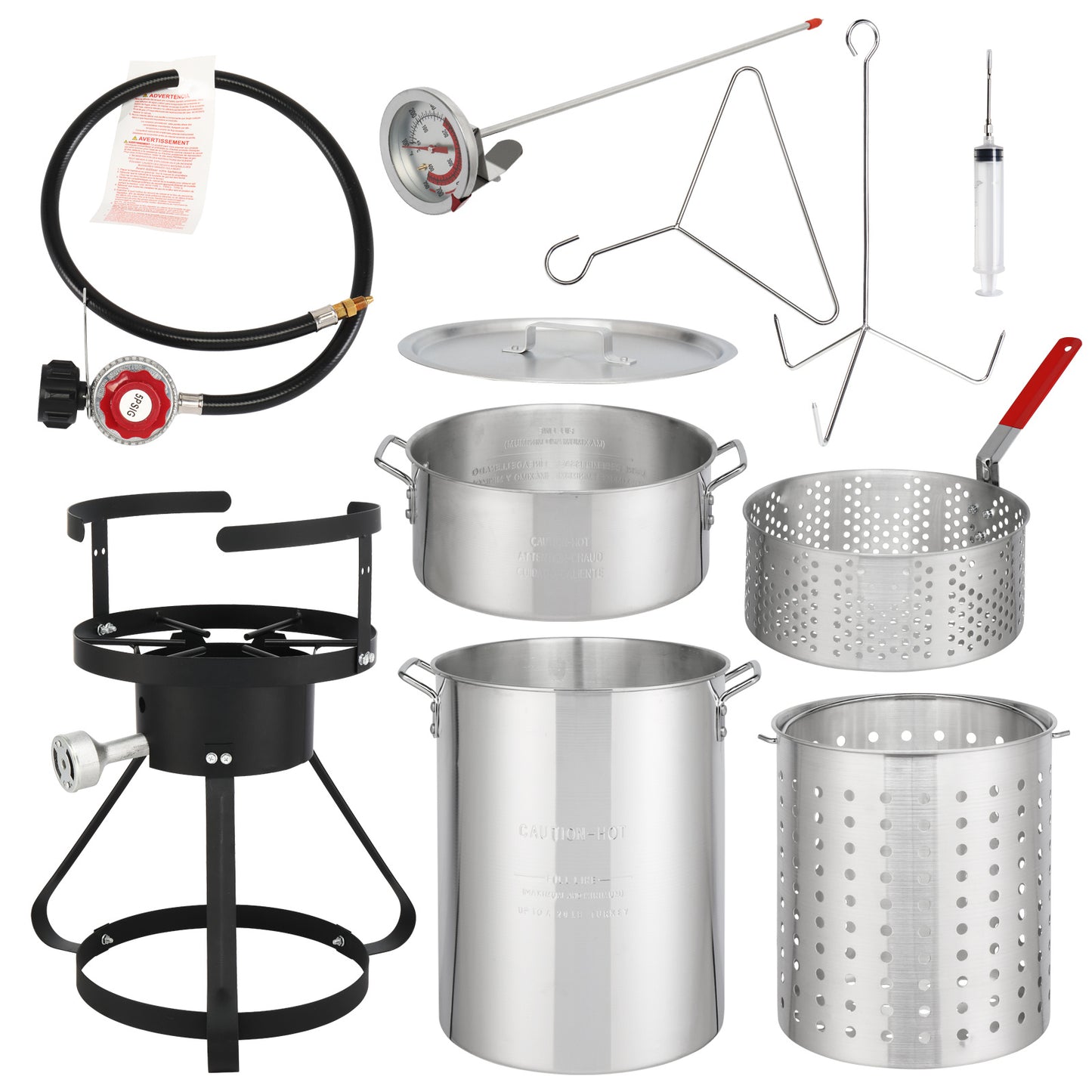 t, Four Piece Set, Black Circular Iron Frame, Silver Aluminum Pot, Gas Fryer
