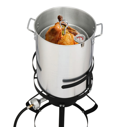 t, Four Piece Set, Black Circular Iron Frame, Silver Aluminum Pot, Gas Fryer